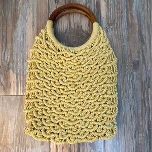 Sigrid Olsen Handcrafted Wood Handbag Purse Macrame Crochet Pale Yellow Bag
